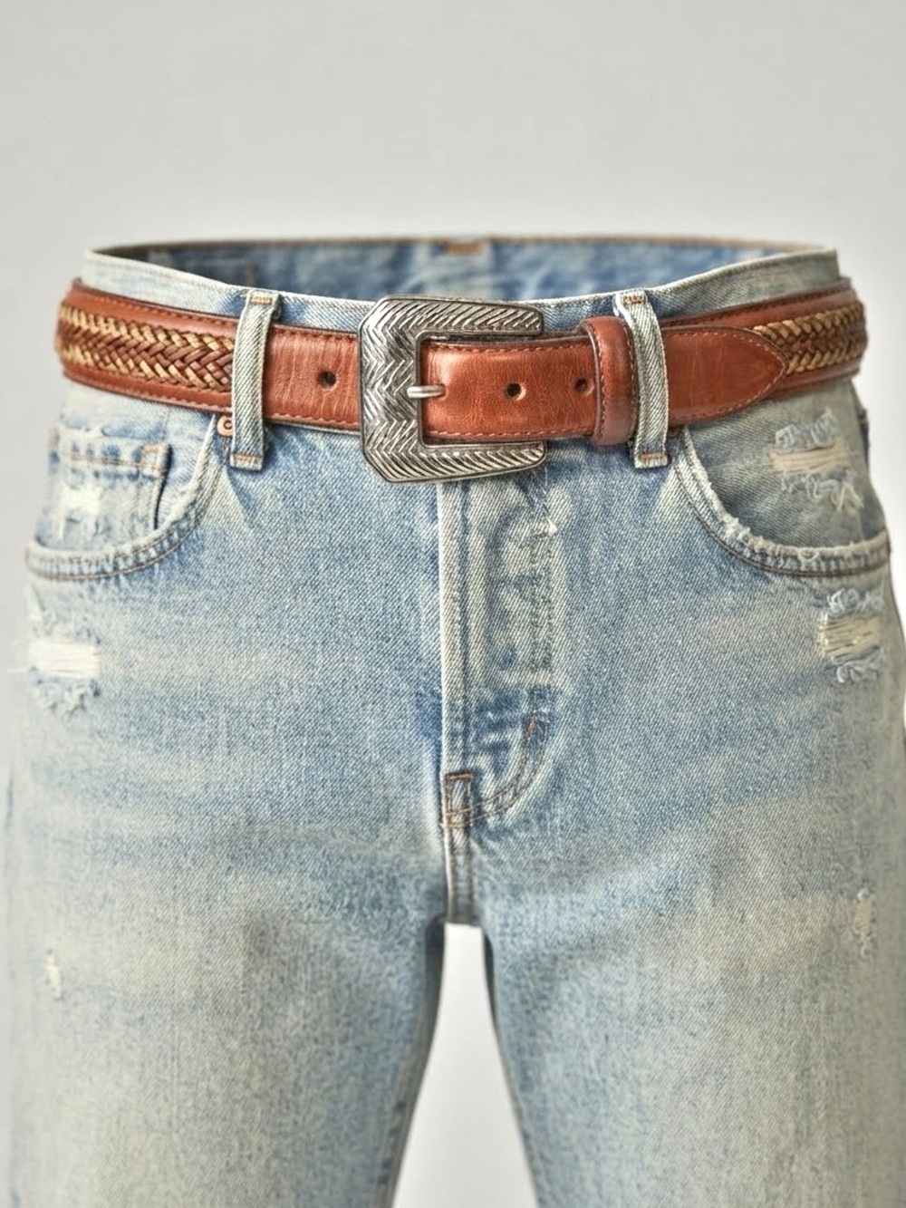 Brighton 1997 Vintage Brown Leather Woven Straw Western Statement Belt Size 28